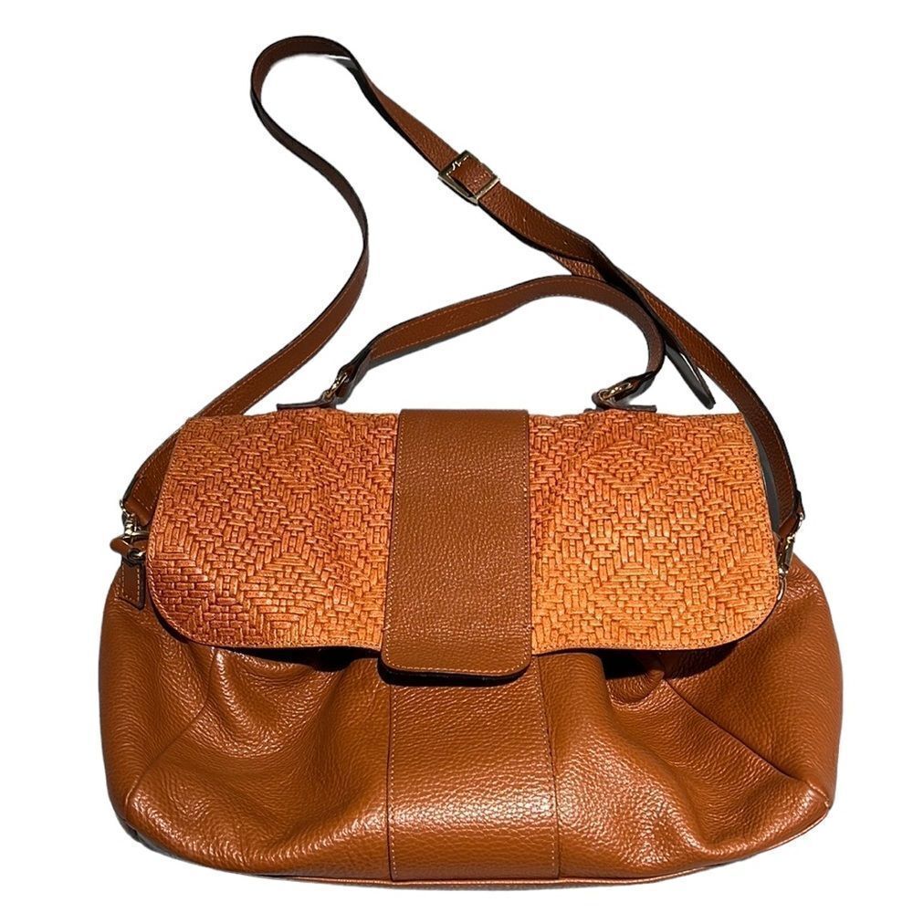‎Valentina Fiore Italian Leather Cognac Messenger Slouch Bag